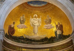 Stunning mosaic depiction of the Transfiguration of Jesus in a church dome, showcasing biblical figures in vibrant detail.