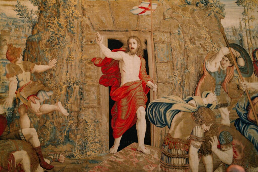 Intricate tapestry of the Resurrection of Christ in Vatican City's museum.