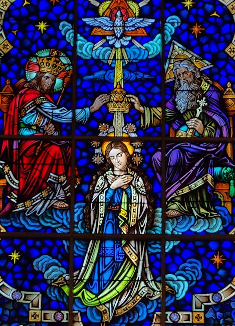 Vibrant stained glass showcasing religious figures and symbolism, ideal for spiritual themes.