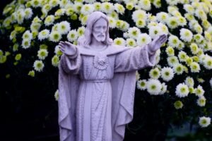 A serene Jesus Christ statue set against vibrant flowering chrysanthemums, symbolizing peace and spirituality.